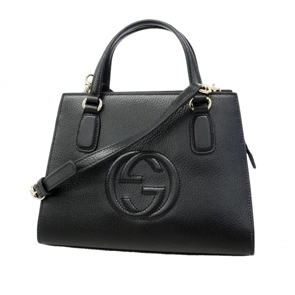 Gucci Soho Handbag 607722 Leather Black Champagne 2-way Bag for Women